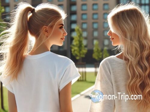 Two blonde women walking together