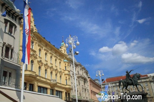 A view of Ban Jelačić Square, the central square in Zagreb, bustling with activity.