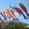 ゴールデンウィークに訪れた那須高原の空に舞う無数の鯉のぼり。青空の下で家族連れが楽しめる、春の絶景イベント。 / Countless koinobori (carp streamers) flying in the sky over Nasu Highlands during Golden Week — a stunning springtime sight perfect for family outings.