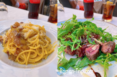 ローマで味わった本場のカルボナーラとジューシーなステーキ。/ Authentic carbonara and juicy steak enjoyed during a meal in Rome.