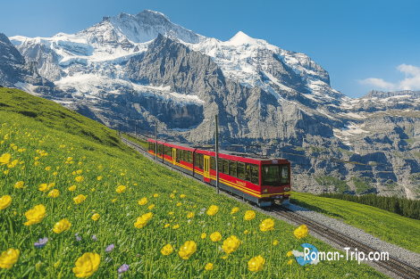 スイス・グリンデルバルドの登山列車と、雄大なユングフラウの景色を描いたイラスト。自然の美しさが際立つ一枚。/ Illustration of the mountain train in Grindelwald, Switzerland, with the majestic Jungfrau in the background — capturing the beauty of alpine nature.