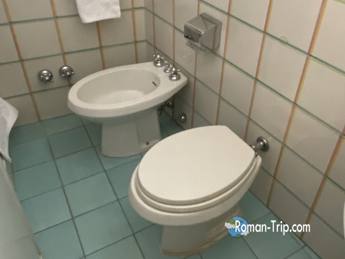 イタリアのホテルで見かけたトイレの写真。便器が2台並んでいて戸惑うが、片方はビデ。/ Photo from an Italian hotel bathroom showing two toilets side by side — one of them being a bidet, often surprising for first-time visitors.