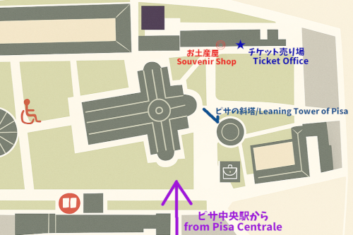 チケット売り場やお土産屋の場所がわかりやすく書かれたピサの斜塔周辺マップ。初めての訪問に便利。/ A clear map of the Leaning Tower of Pisa area, showing ticket counters and souvenir shops — helpful for first-time visitors.