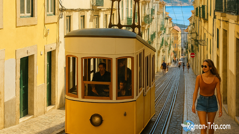 Elevador da Bica（ビッカのケーブルカー）と坂道を歩く女性を描いたイラスト。リスボンらしい風景と旅の一瞬を切り取った一枚。/ Illustration of the Elevador da Bica funicular and a woman walking up the hill — capturing a quintessential Lisbon scene and a fleeting travel moment.