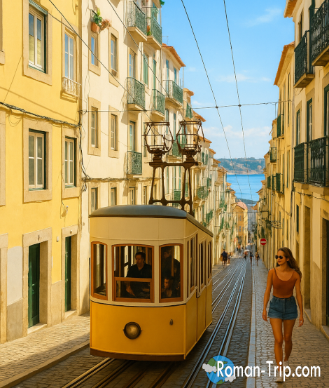 リスボン・Bica地区の名物「Elevador da Bica(ビッカのケーブルカー)」。急な坂道を上下する可愛らしい黄色の車両。/ The iconic "Elevador da Bica" funicular in Lisbon's Bica district — a charming yellow car climbing the steep hillside.