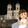 ローマの夜、賑わうスペイン広場の写真と、怪しげなバーに連れていかれたハプニングを描いたイラスト。/ Nighttime photo of the lively Spanish Steps in Rome, paired with an illustration of the unexpected adventure to a mysterious bar.