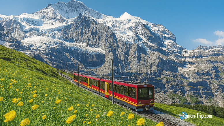 スイス・グリンデルバルドの景色。ユングフラウを背景に赤い登山列車が映える旅の一幕。/ Scenic view from Grindelwald, Switzerland, featuring the Jungfrau mountain and a striking red mountain train — a memorable highlight of the trip.