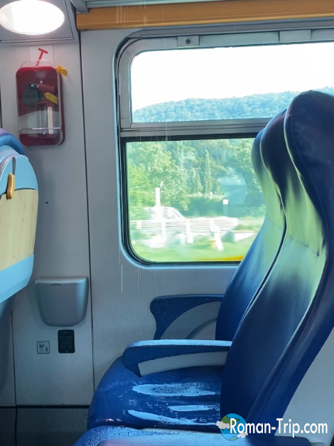 ピサ中央駅に向かう電車の中で突然の雨漏りが発生。驚きとともに忘れられない旅の一幕。/ A sudden rain leak inside the train heading to Pisa Central Station — an unexpected and unforgettable moment of the journey.