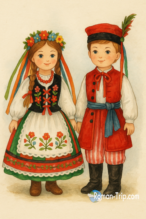 ポーランド・クラクフ地方の伝統衣装を着た男の子と女の子。女の子はKrakowianka、男の子はKrakowiakとして色鮮やかに装う。/ A boy and girl in traditional Kraków region costumes of Poland — the girl dressed as a Krakowianka and the boy as a Krakowiak, both in vibrant folk attire.