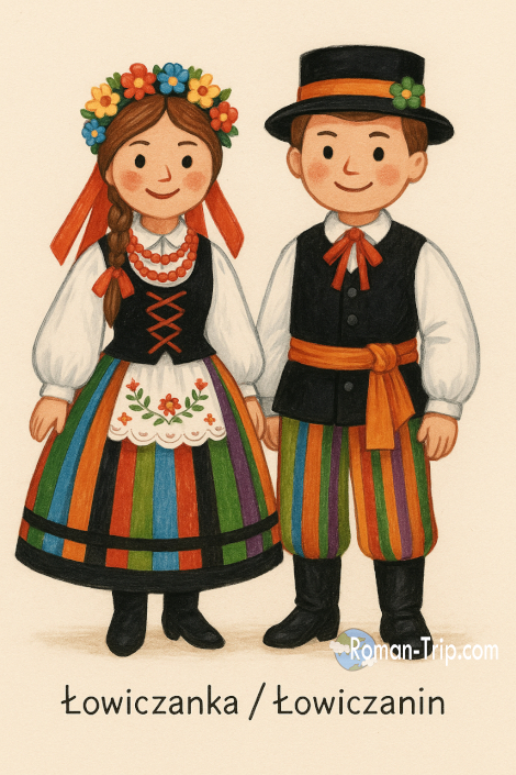 ポーランド・ウォヴィチ地方の伝統衣装を着たŁowiczanka（女の子）とŁowiczanin（男の子）の人形。鮮やかな色彩と刺繍が特徴的。/ Dolls dressed in the traditional costumes of the Łowicz region in Poland — a Łowiczanka (girl) and Łowiczanin (boy), featuring vibrant colors and intricate embroidery.