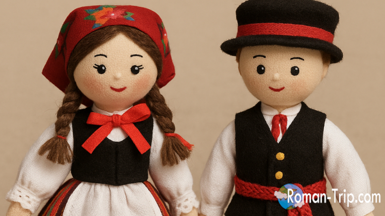 ポーランドの民族衣装を着たかわいい男の子と女の子のお人形。地域ごとの文化が感じられる色鮮やかな装い。/ Cute dolls of a boy and girl wearing traditional Polish folk costumes, showcasing the colorful and diverse cultural heritage of the regions.