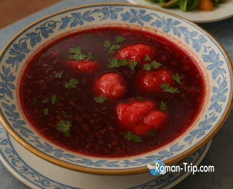 ポーランドの伝統料理バルシチ（Barszcz）。ビーツの鮮やかな赤が特徴的な温かいスープ。/ Traditional Polish dish Barszcz (borscht) — a warm beet soup known for its vibrant red color. ChatGPT に質問する