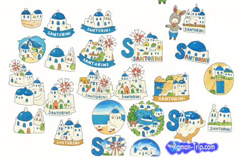 サントリーニ島で見つけたい、青と白を基調にしたかわいいご当地マグネットのイメージイラスト。/ Illustration of adorable local magnets you'd love to find in Santorini, featuring the island's signature blue and white color palette.
