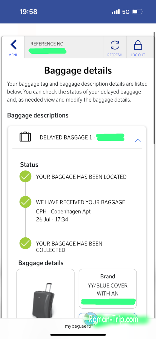 ロストバゲージの追跡ページ。荷物がコペンハーゲン空港に到着し、回収済みと表示されている画面。/ Lost baggage tracking page showing the luggage has arrived at Copenhagen Airport and marked as collected.