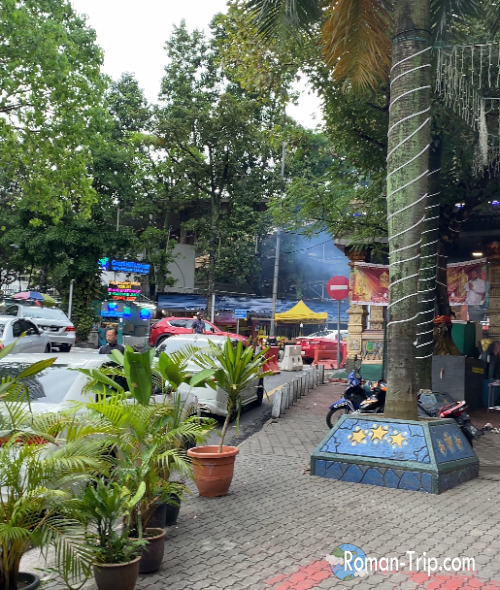 クアラルンプール街歩きの一枚。熱帯の植物が茂り、雑踏とした街の景色が広がる。/ Street view of Kuala Lumpur during a city walk, with lush tropical plants and bustling urban scenery.
