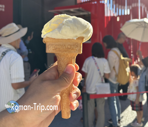トルコパビリオンで食べたトルコアイス。伸びるアイスの食感とパフォーマンスが楽しい。/ Turkish ice cream enjoyed at the Turkey Pavilion, known for its stretchy texture and entertaining serving performance.