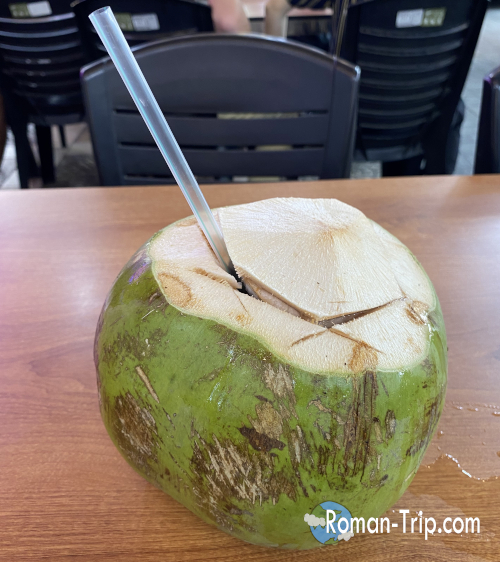 クアラルンプールのジャランアローで飲んだココナッツジュース。南国らしい爽やかな味わい。/ Fresh coconut juice enjoyed at Jalan Alor in Kuala Lumpur, offering a refreshing tropical flavor.