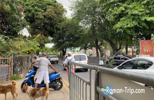 モーリシャス東部の町トゥルードースドゥース(Trou d’Eau Douce)を歩く風景。ローカルな街並みにバイクや犬の姿も見える。/ Street scene in Trou d’Eau Douce, eastern Mauritius, showing local life with motorbikes, dogs, and everyday charm.