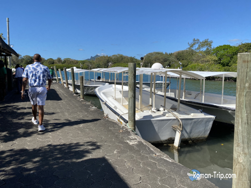 モーリシャスのイル・オ・セルフ行きの船着き場にある桟橋。エメラルドグリーンの海に伸びる木製デッキが美しい。/ The wooden pier at the boat jetty to Île aux Cerfs, Mauritius, stretching out into the emerald-green sea.