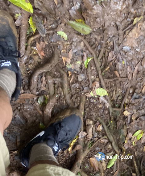 ブラックリバー・ピーク(Bench 828)の登山中、ぬかるんだ道で泥だらけになった靴とズボン。雨上がりの山歩きの厳しさが伝わる一枚。/ Mud-covered shoes and pants during the hike to Black River Peak (Bench 828), showing the tough conditions of trekking after rain.