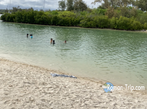 午後になり雲が広がって緑色がかった海に変わったイル・オ・セルフ島のラグーン。穏やかな水面で観光客が泳ぐ静かな時間。/ Afternoon lagoon at Île aux Cerfs, Mauritius, where cloud cover turns the water a soft green hue and visitors swim in the calm, peaceful sea.