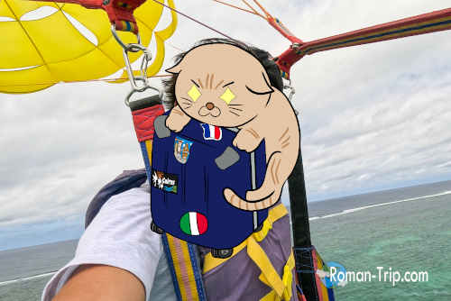 イル・オ・セルフでパラセイリング中に自撮りした一枚。南国の海を背に、空を飛ぶ高揚感が伝わる瞬間。(顔部分は加工済み) / A parasailing selfie at Île aux Cerfs, Mauritius — capturing the thrill of soaring above the tropical sea (face partially obscured for privacy).