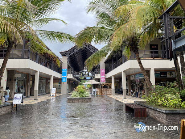 セーシェルのエデン島にあるEDEN PLAZAの外観。雨でどんよりした空の下でも、ヤシの木が南国らしい雰囲気を感じさせた。/ Exterior of EDEN PLAZA on Eden Island, Seychelles, on a cloudy rainy day, with palm trees adding a tropical atmosphere