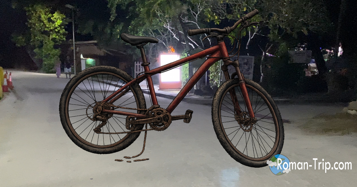 セーシェル・ラディーグ島での一人旅の夜、レンタサイクルの弁償を巡ってホテルと大揉めになった出来事を象徴するアイキャッチ。ラディーグ島の夜道の風景とマウンテンバイクのイラスト。 / Eye-catch image symbolizing a solo travel incident on La Digue Island, Seychelles, where a dispute over a rental bicycle occurred. The image shows a night street scene with an illustration of a mountain bike.