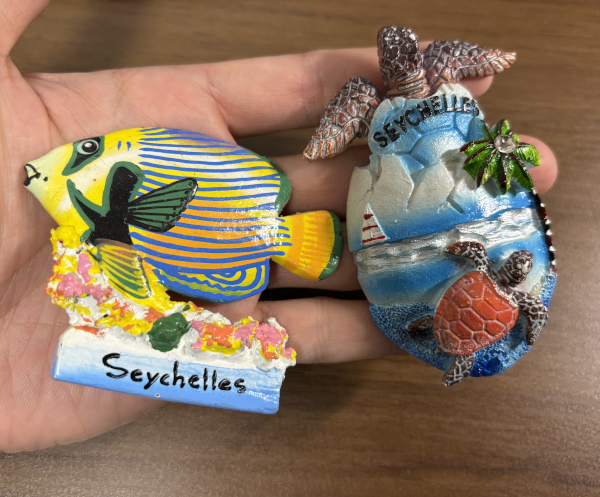 セーシェルのご当地マグネット。熱帯魚やウミガメなど南国の海をモチーフにしたカラフルなデザインのお土産。 / A Seychelles souvenir magnet featuring colorful tropical fish and sea turtles, inspired by the vibrant marine life of the islands.