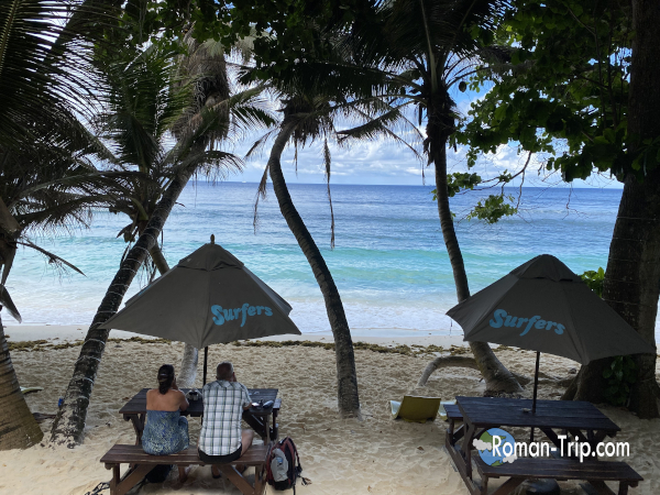 セーシェルのSurfers Beach Restaurantから眺めた美しい海の青。窓の向こうに広がる南国らしい景色が印象的。/ The beautiful blue sea viewed from Surfers Beach Restaurant in Seychelles, with a tropical scenery stretching beyond the window